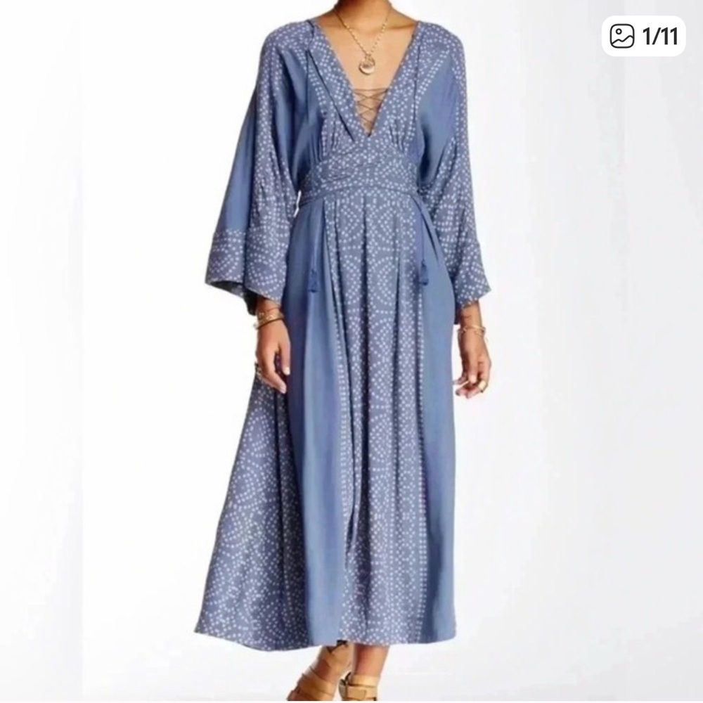 Free People 'Modern Kimono' Maxi Dress Sz 6 Blue Boho Festival Romantic Spring